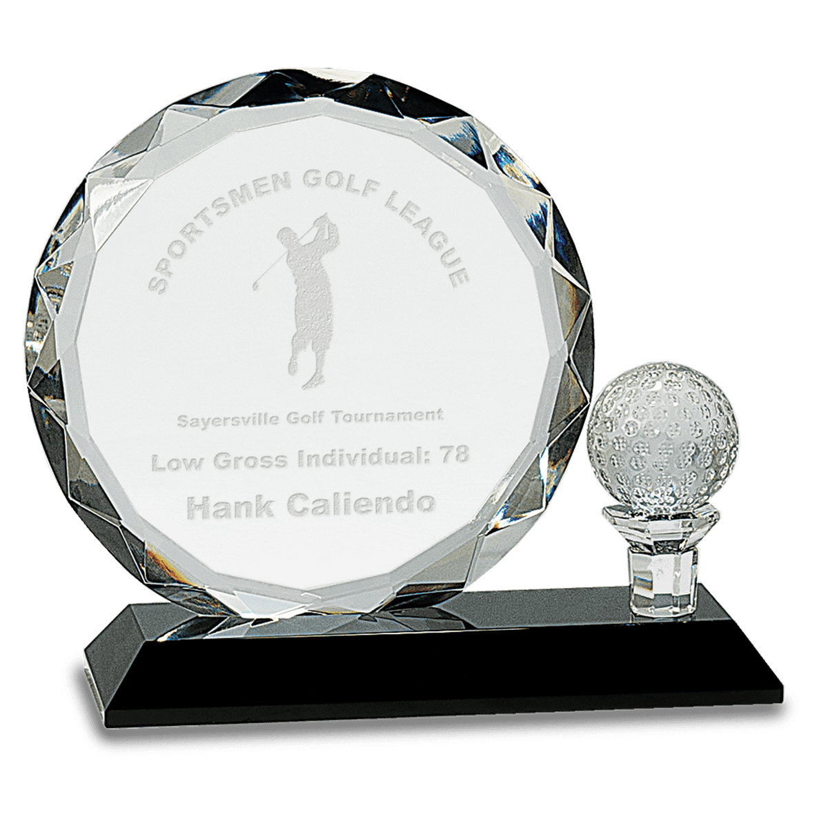 Round Facet Crystal with Golf Ball on Pedestal Base Award