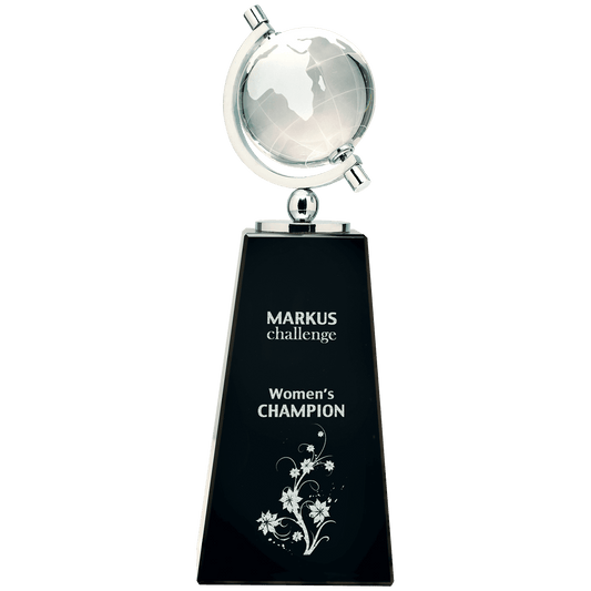 Crystal Spinning Globe on Black Pedestal Base Award